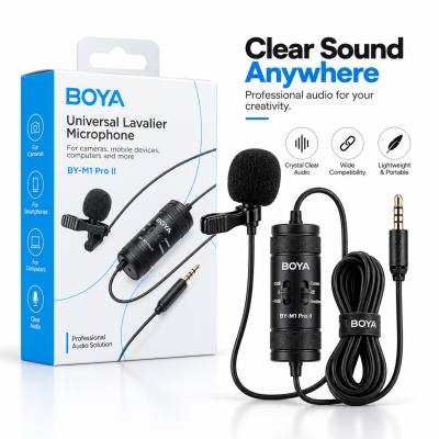 BOYA BY-M1 Pro II Universal Lavalier Microphone – Omnidirectional Clip-On Mic with 6M Cable, Gain Control & No Battery Needed for Smartphones, Cameras & PCs
